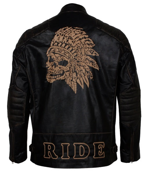 Men's black skull leather motorcycle jacket with padded shoulders