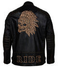 Men's black skull leather motorcycle jacket with padded shoulders