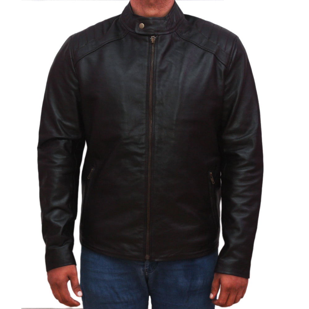 Men's black skull and sword sheepskin biker jacket, photo 2