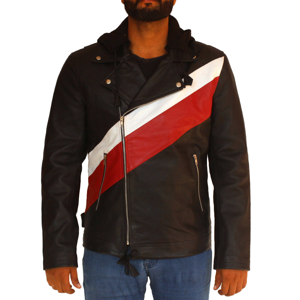Men's black cowhide hooded leather biker jacket