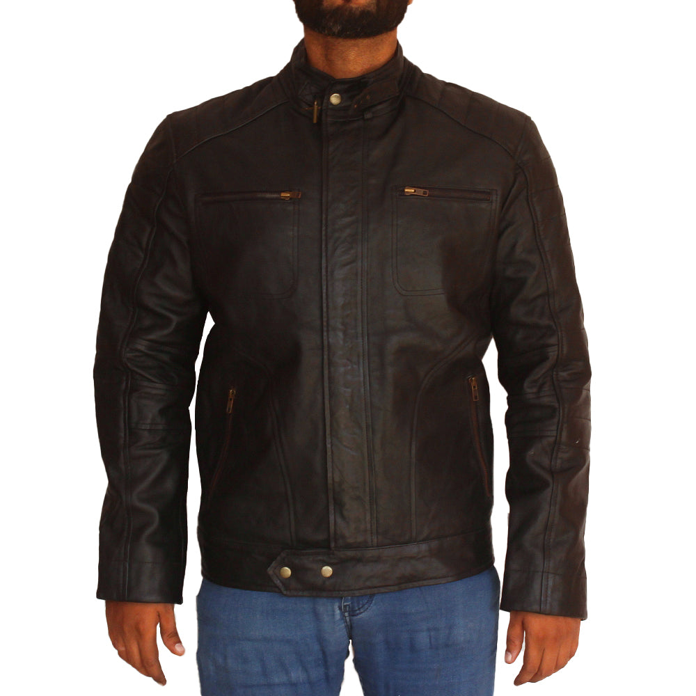 Men's black cowhide leather motorcycle jacket