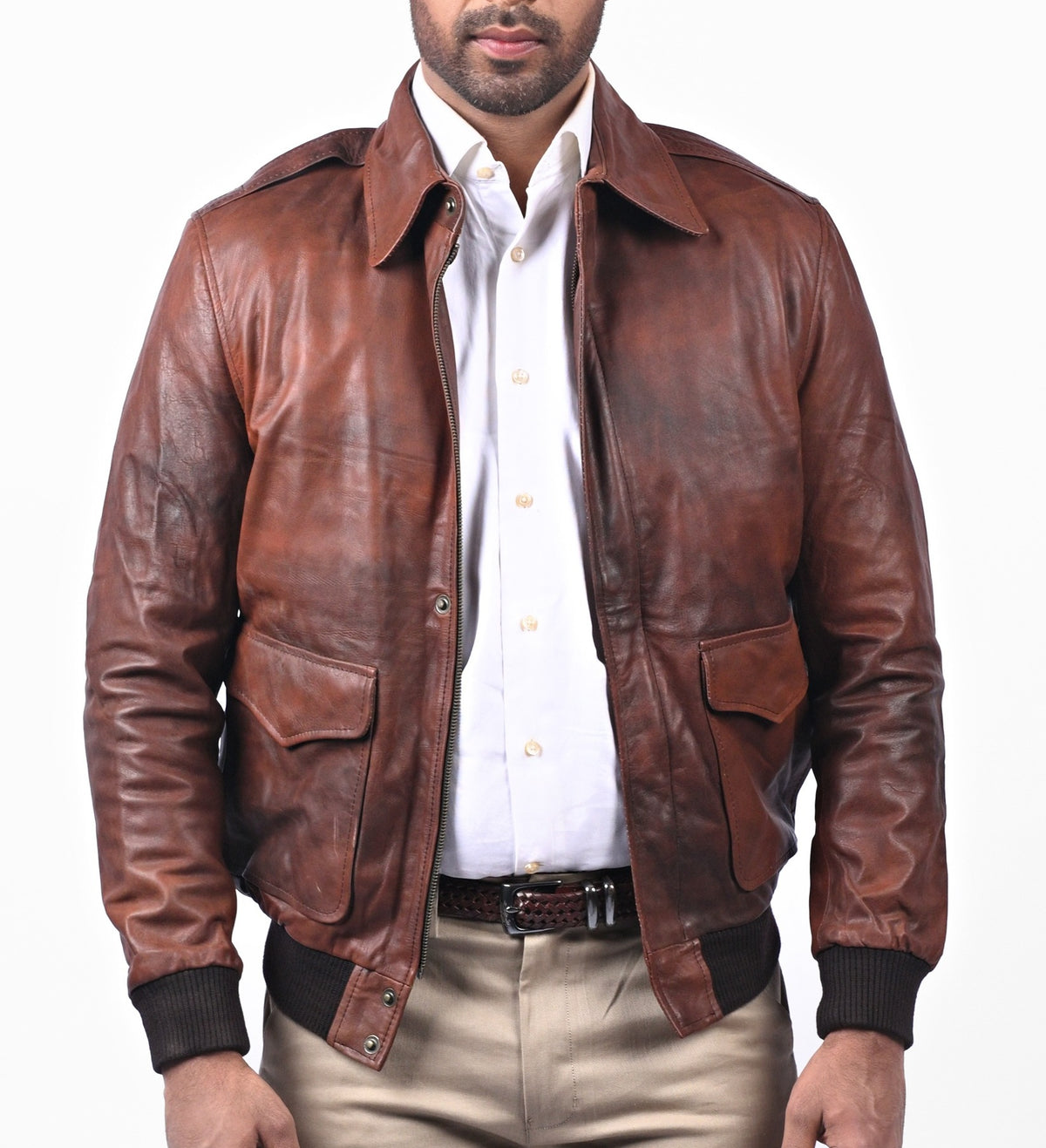 A2 pilot bomber jacket for men in antique brown cowhide