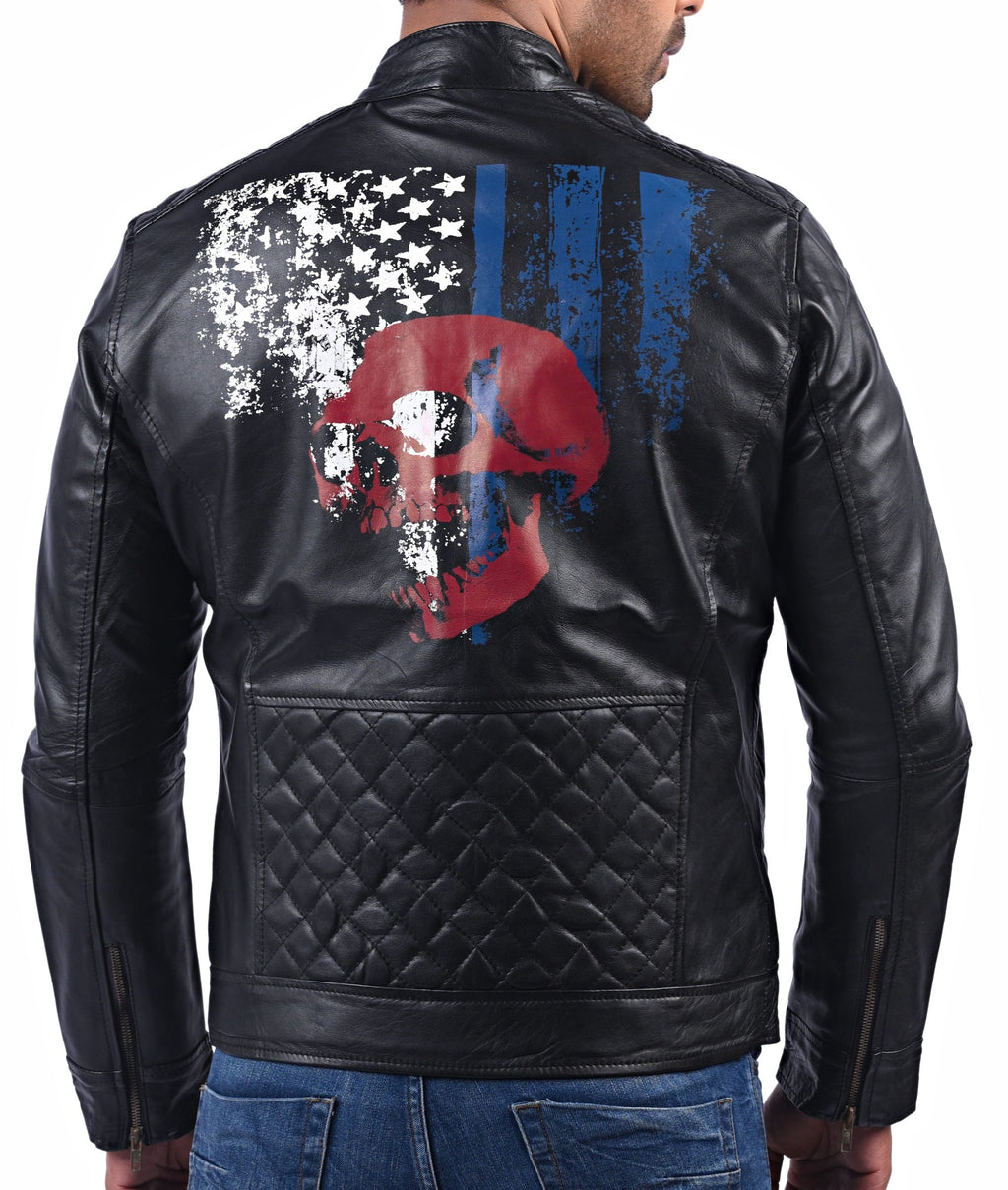 Men's black sheepskin leather jacket with American flag skull print