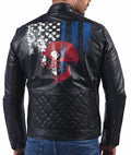 Men's black sheepskin leather jacket with American flag skull print