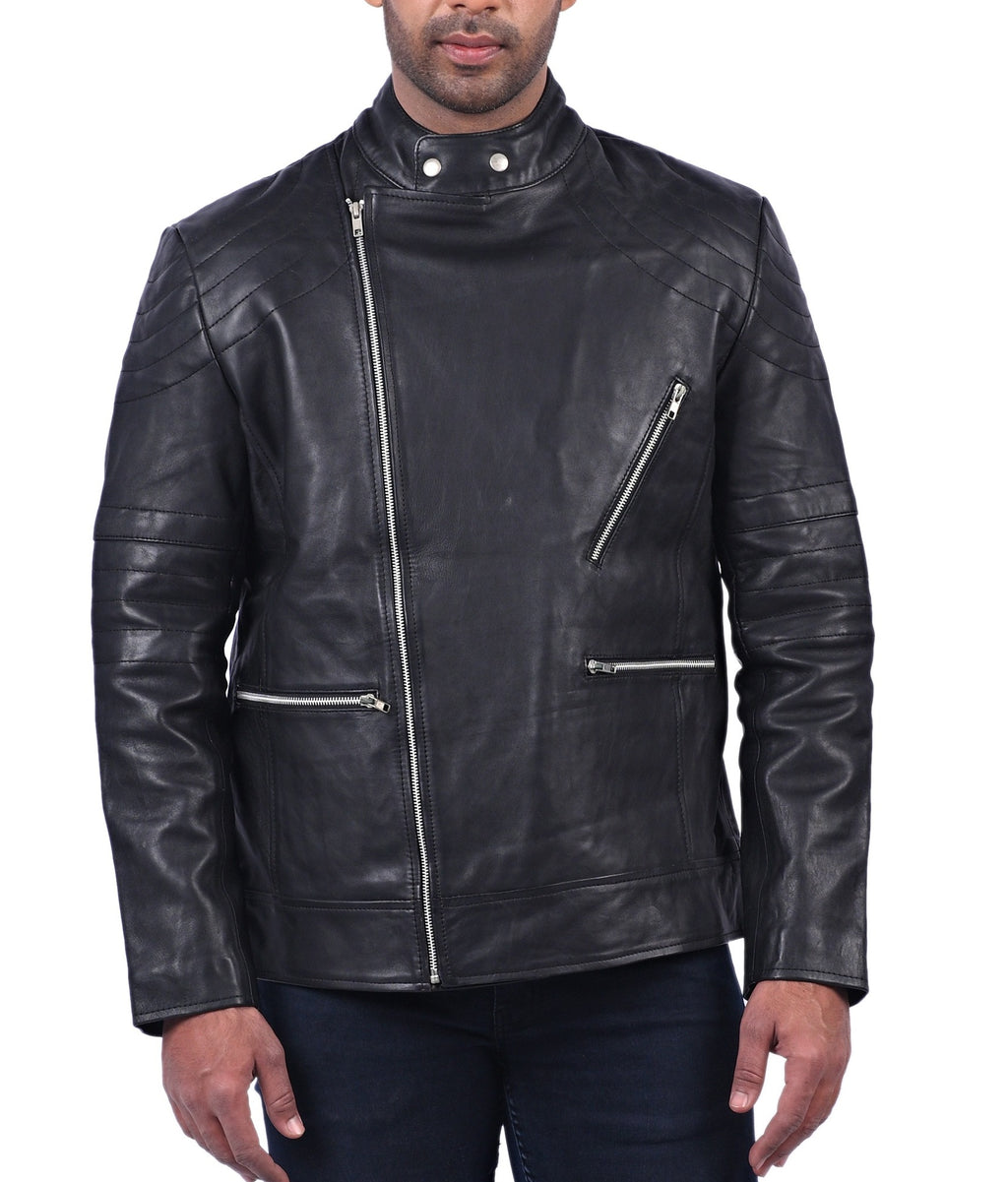 Men's black double breasted sheepskin biker jacket