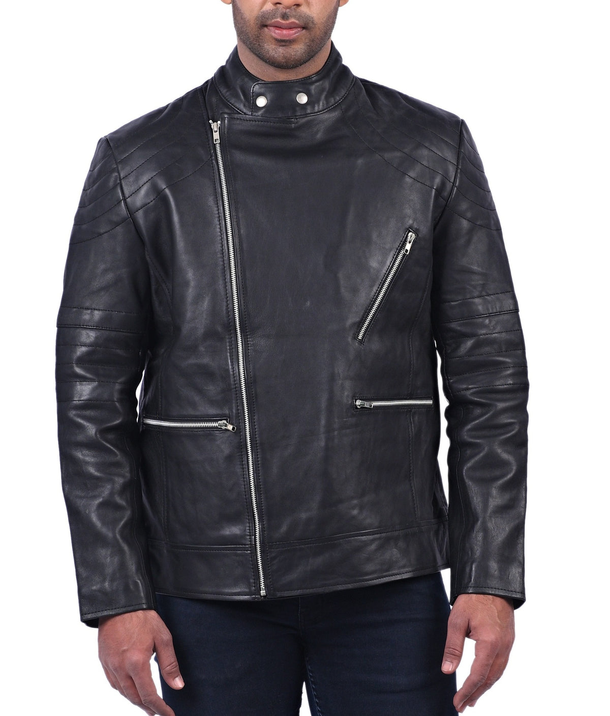 Men's black double breasted sheepskin biker jacket