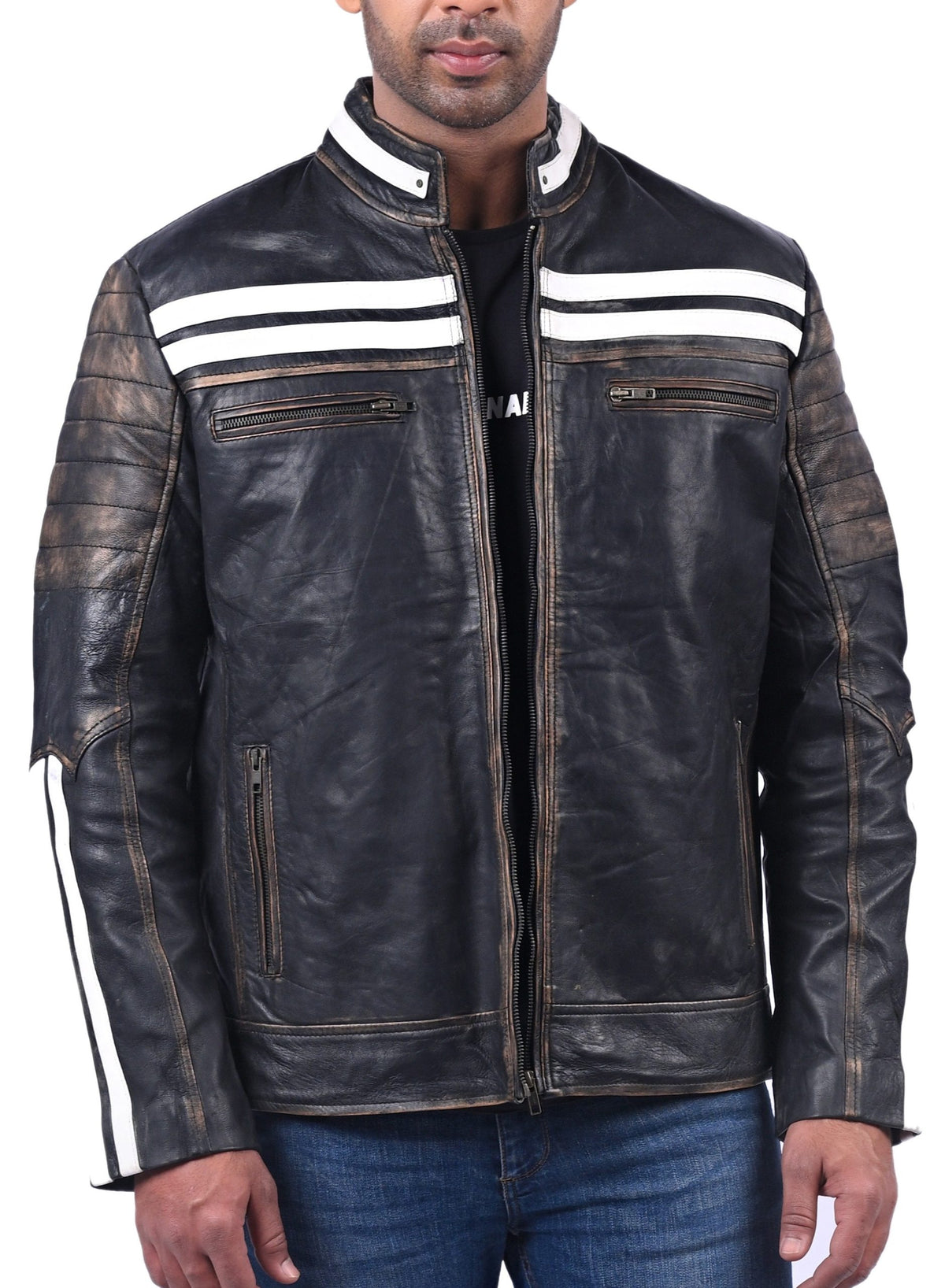 Men's black distressed full grain cowhide biker jacket