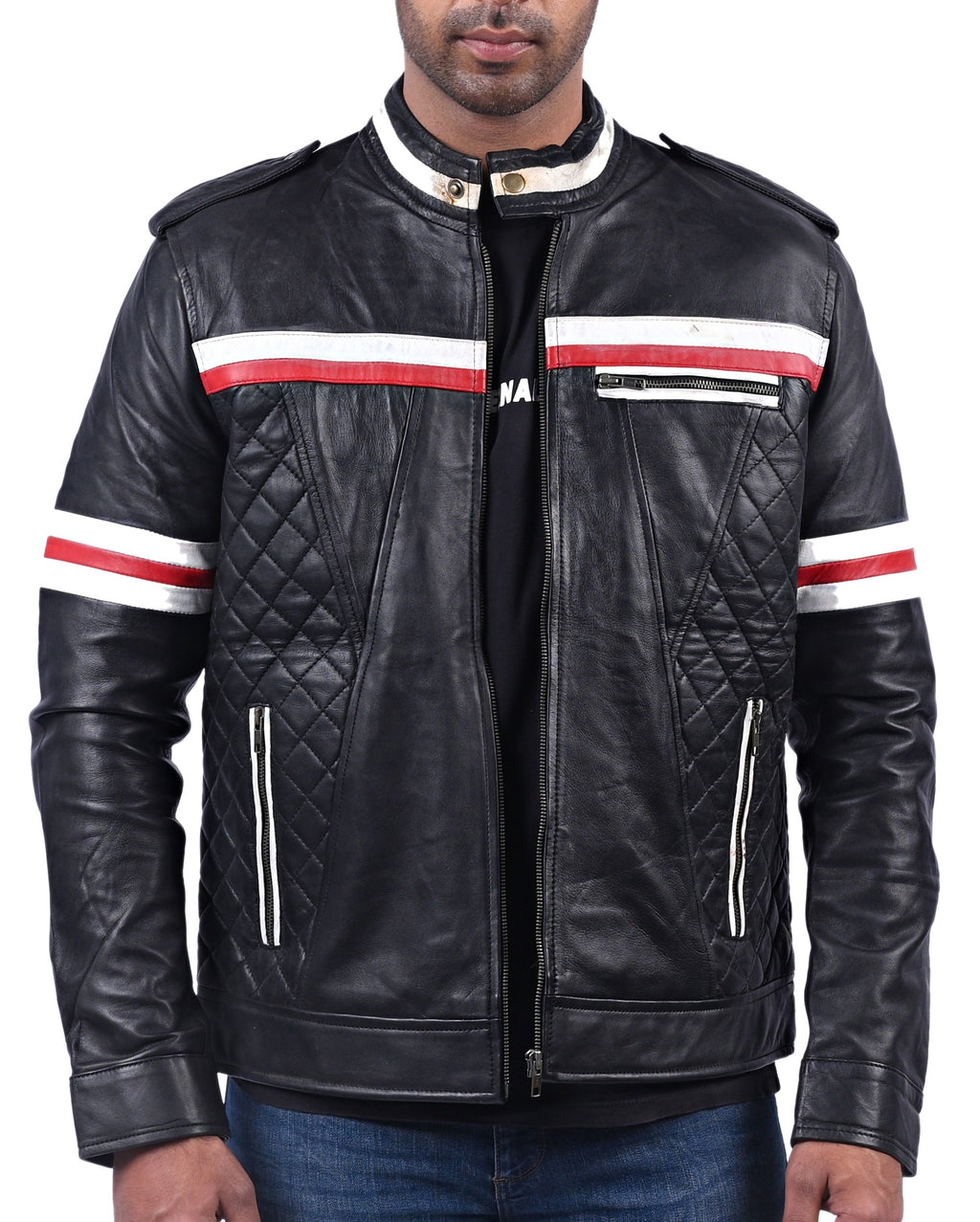 Men's black quilted cowhide leather jacket with red and white stripes