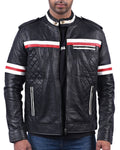 Men's black quilted cowhide leather jacket with red and white stripes