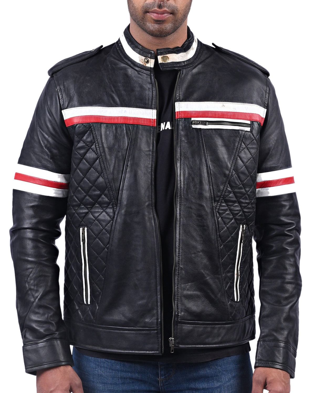 Men's black quilted cowhide leather jacket with red and white stripes