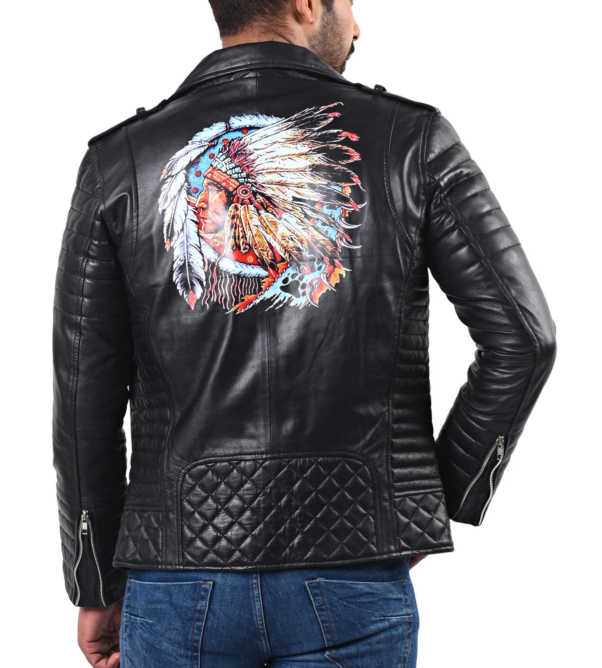 Men's black sheepskin leather jacket with Native American tribal back logo