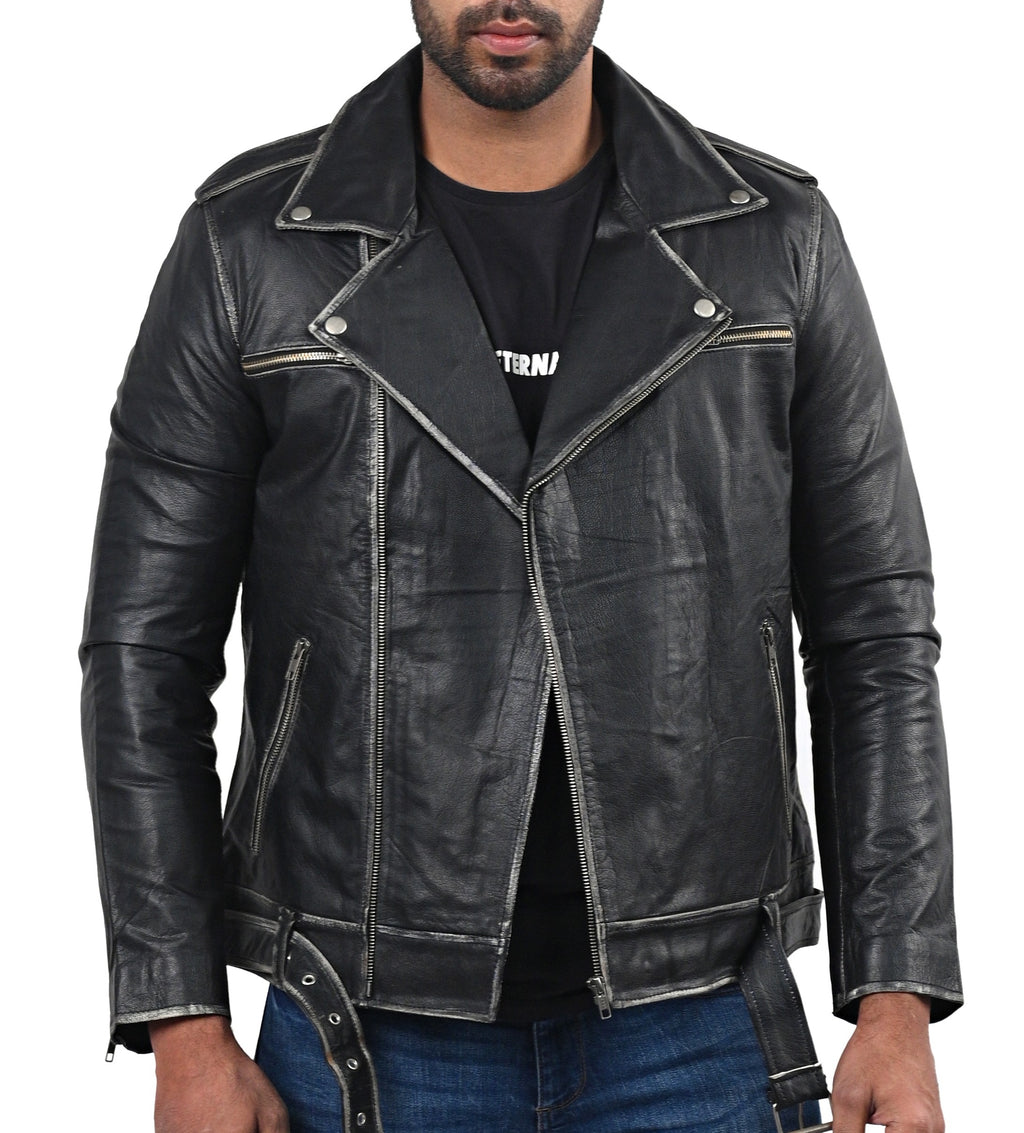 Men's distressed black full grain cowhide biker jacket