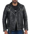 Men's distressed black full grain cowhide biker jacket