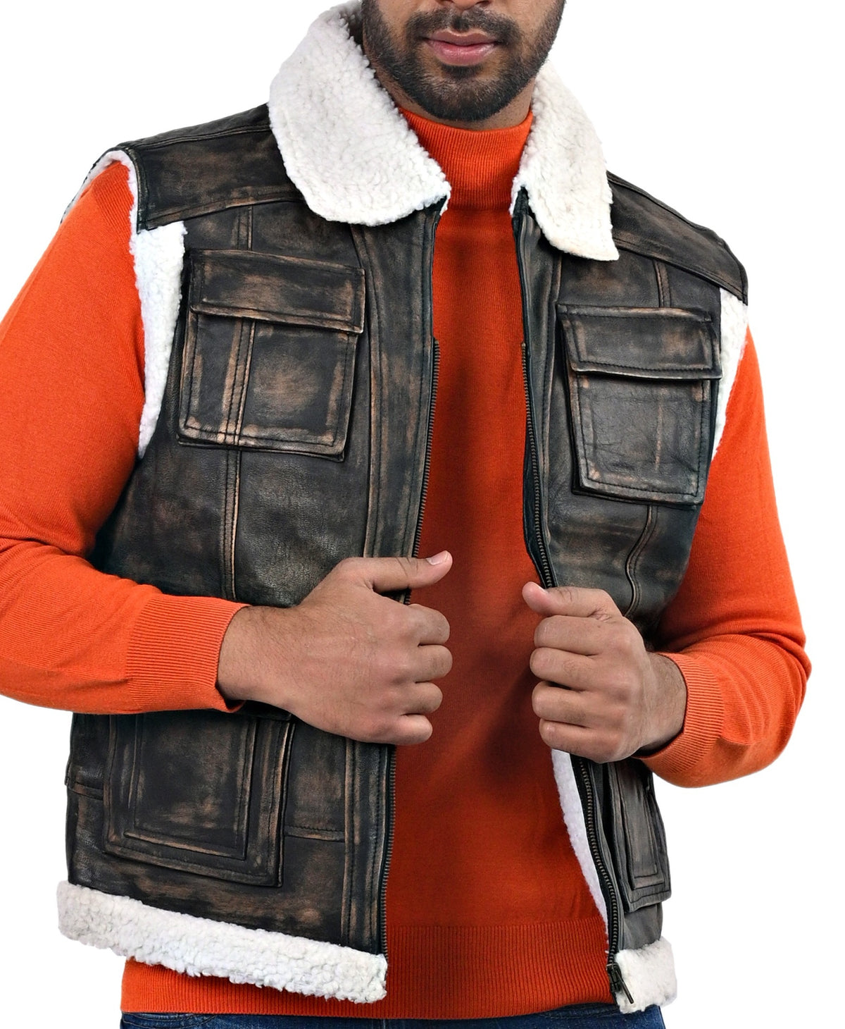 Basildon distressed sheepskin leather vest for men, faux fur lined