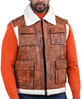 Axbridge tan sheepskin aviator leather vest for men, faux fur lined