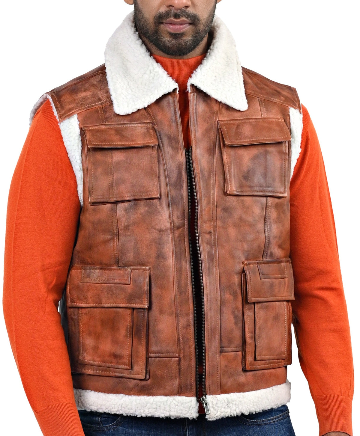 Axbridge tan sheepskin aviator leather vest for men, faux fur lined