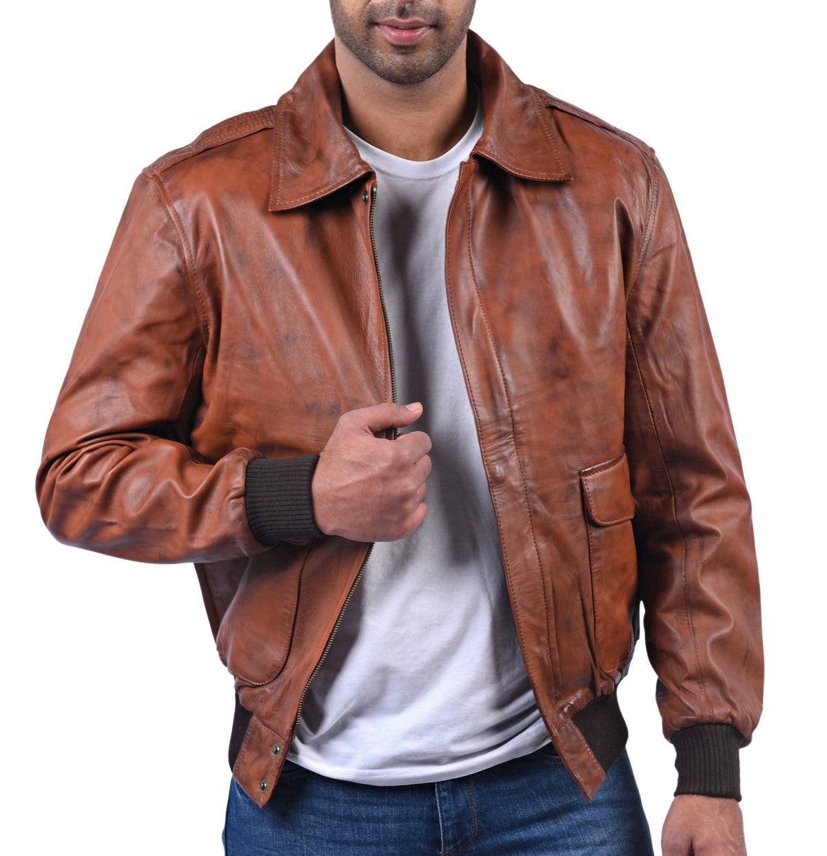Men's antique brown cowhide aviator bomber leather jacket