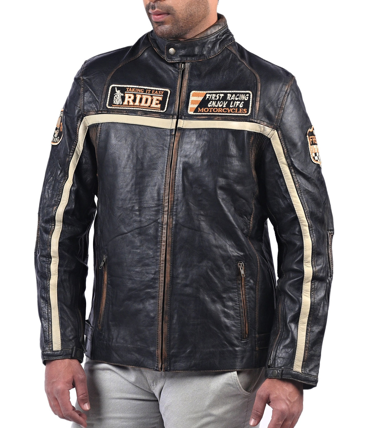 Men's black sheepskin leather jacket with beige stripes