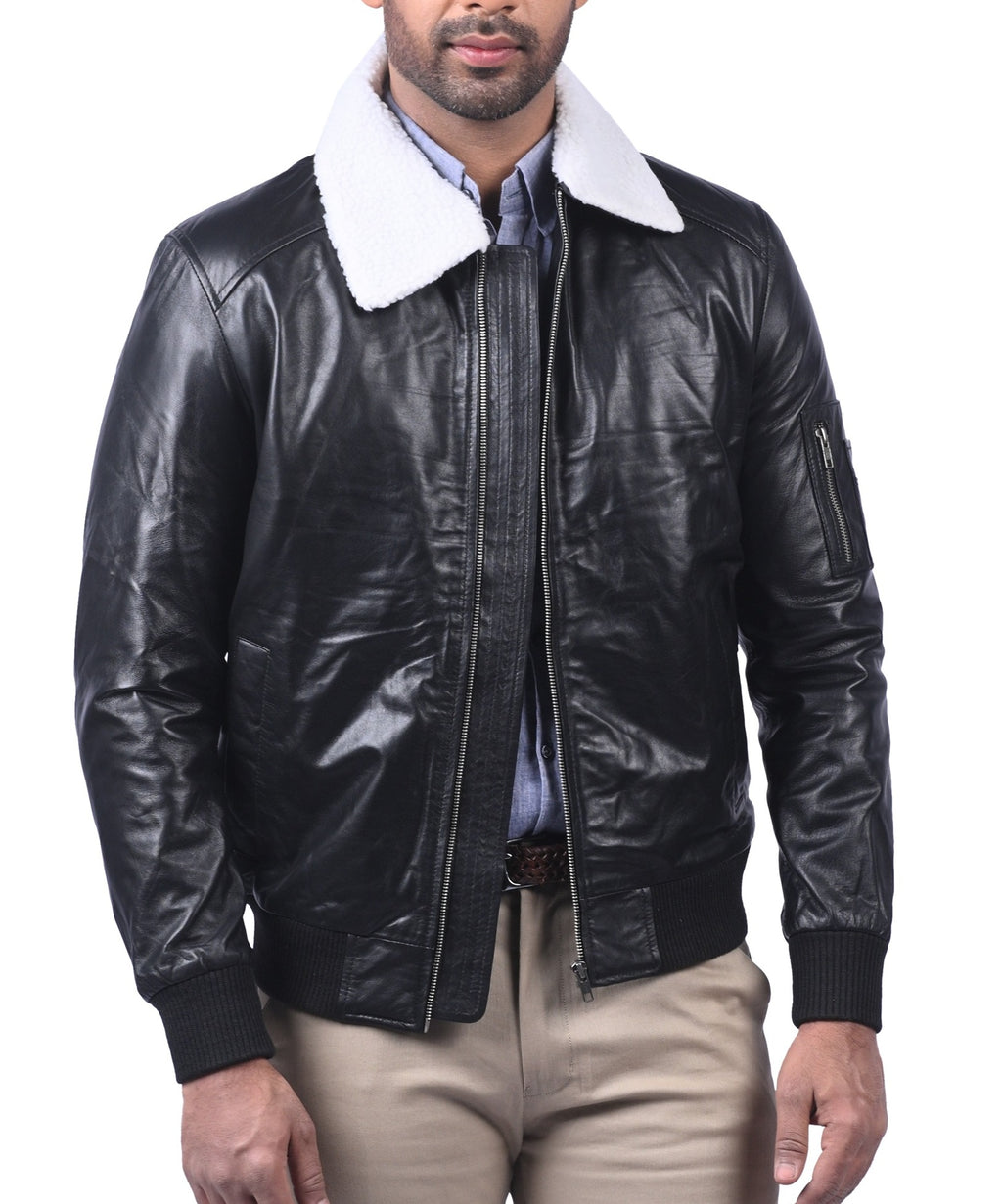 Men's black sheepskin leather bomber jacket with faux fur collar