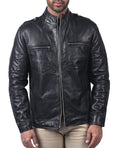 Men's black sheepskin leather jacket with round collar and shoulder loops