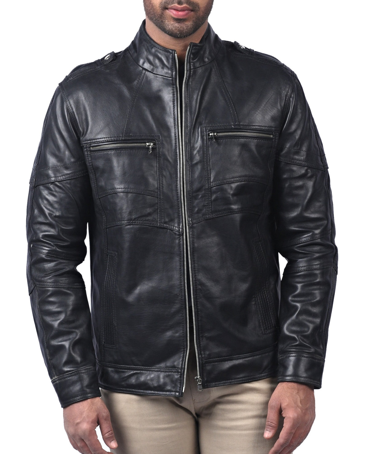 Men's black sheepskin leather jacket with round collar and shoulder loops