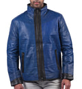 Men's blue sheepskin biker jacket with black contrast