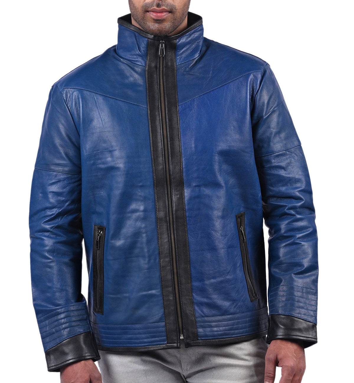 Men's blue sheepskin biker jacket with black contrast