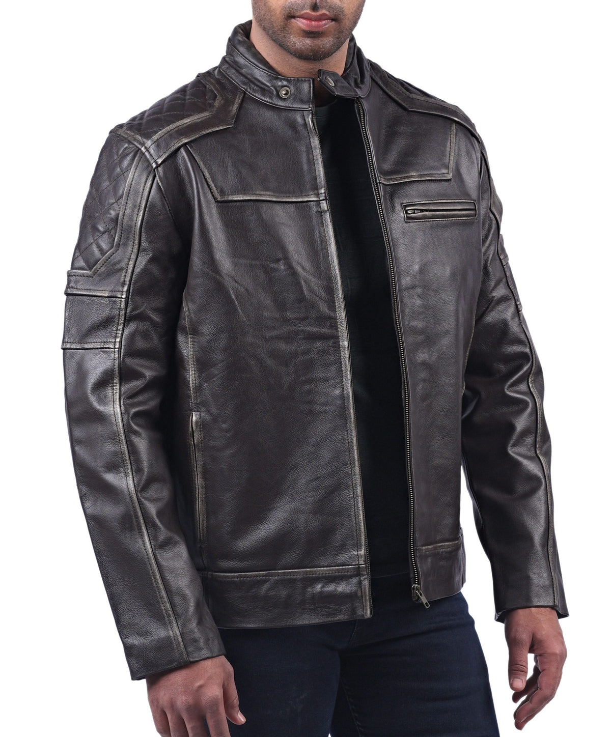 Men's black distressed cowhide leather jacket with snap collar