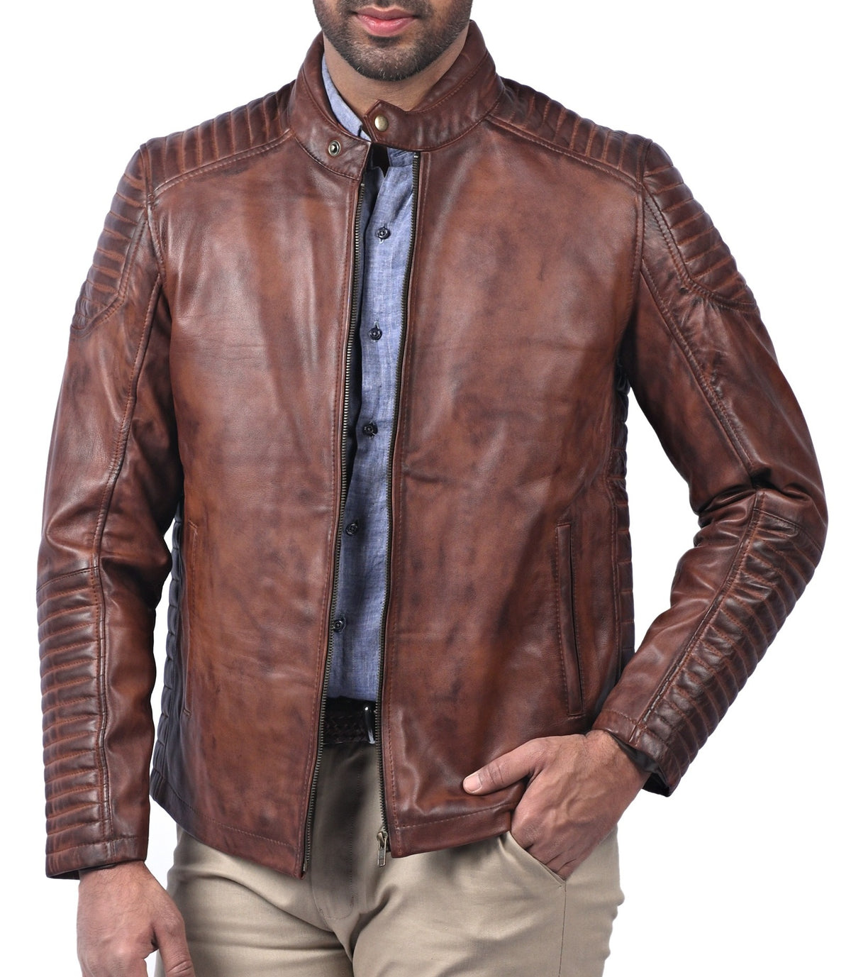 Men's classic tan waxed sheepskin leather jacket