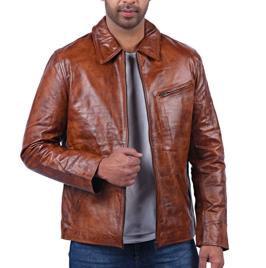 Men's classic tan waxed cowhide leather jacket with shirt collar