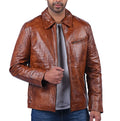 Men's classic tan waxed cowhide leather jacket with shirt collar