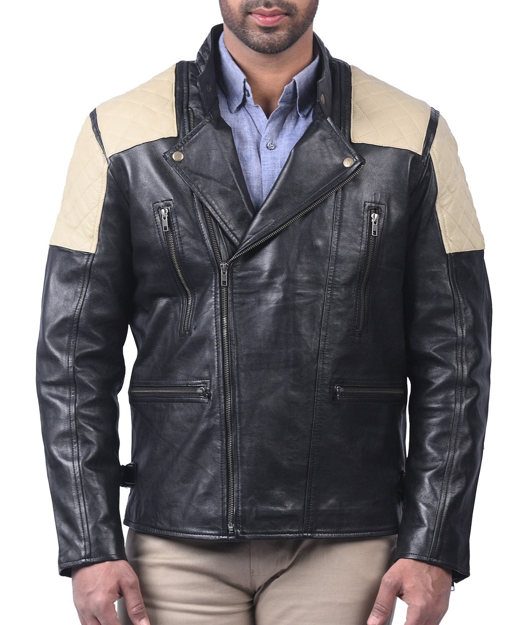 Men's black diamond quilted sheepskin leather jacket