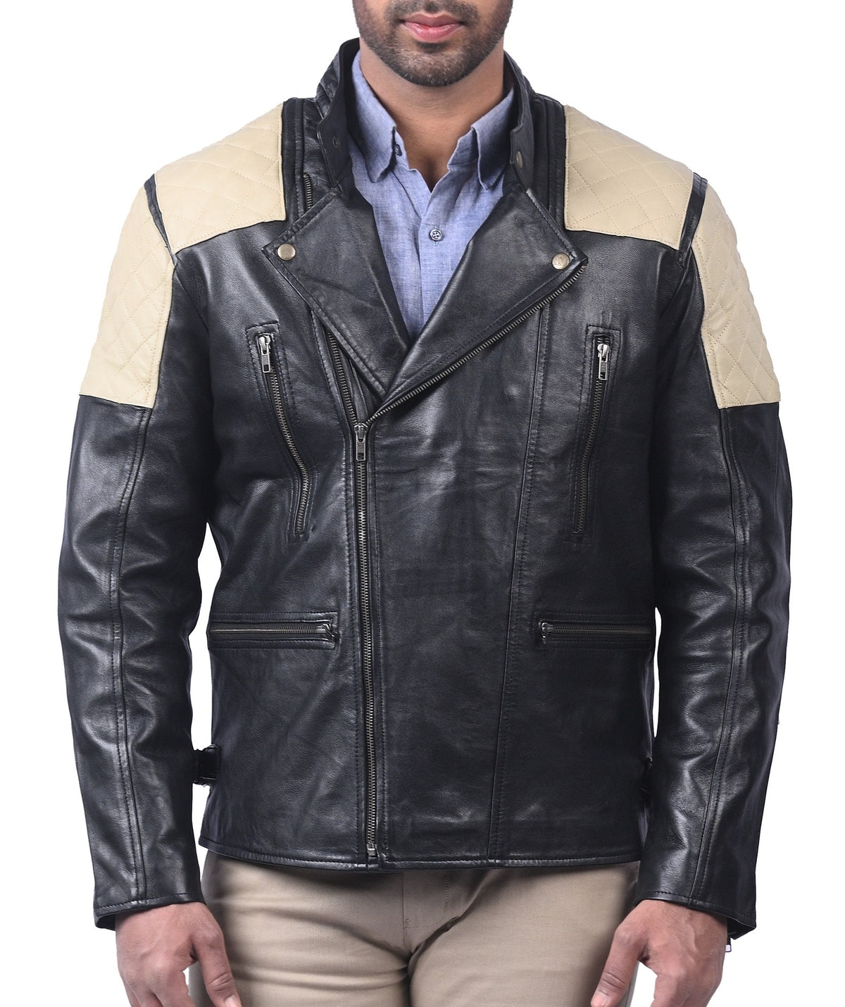 Men's black diamond quilted sheepskin leather jacket