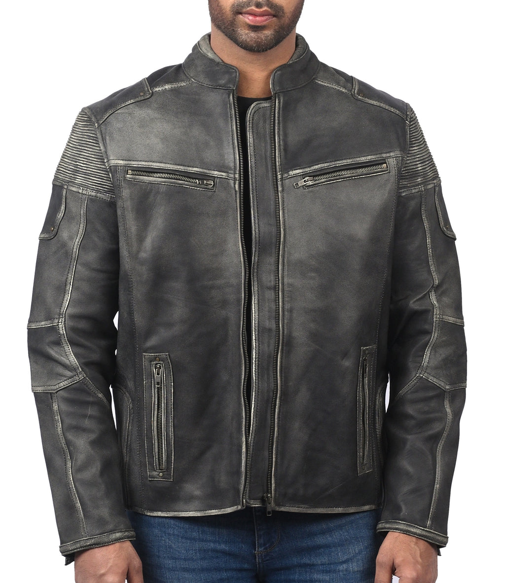 Men's distressed gray sheepskin cafe racer leather jacket