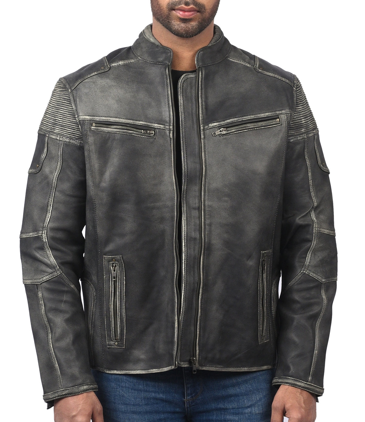 Men's distressed gray sheepskin cafe racer leather jacket