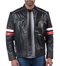 Men's black sheepskin biker jacket with red and white sleeve stripes