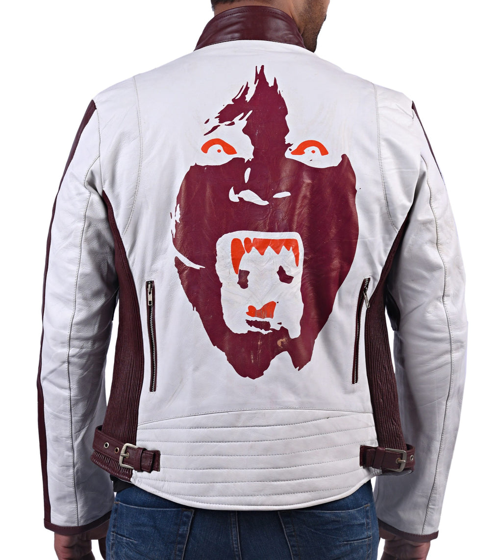 Men's maroon and white sheepskin leather racer jacket