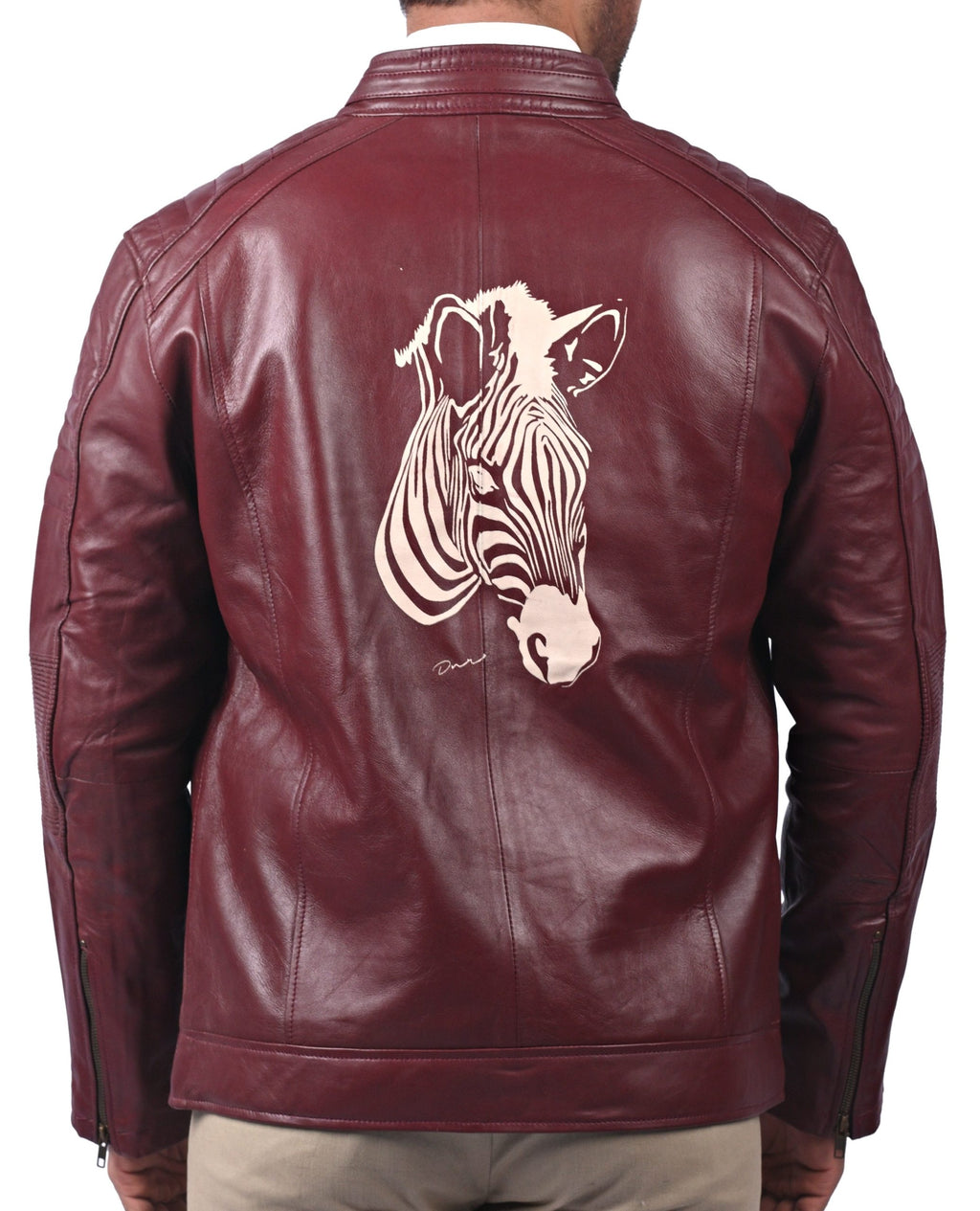 Men's maroon cafe racer leather jacket with zebra back print