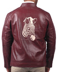 Men's maroon cafe racer leather jacket with zebra back print