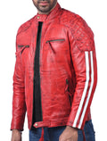 Plymouth red sheepskin biker jacket for men with white stripes