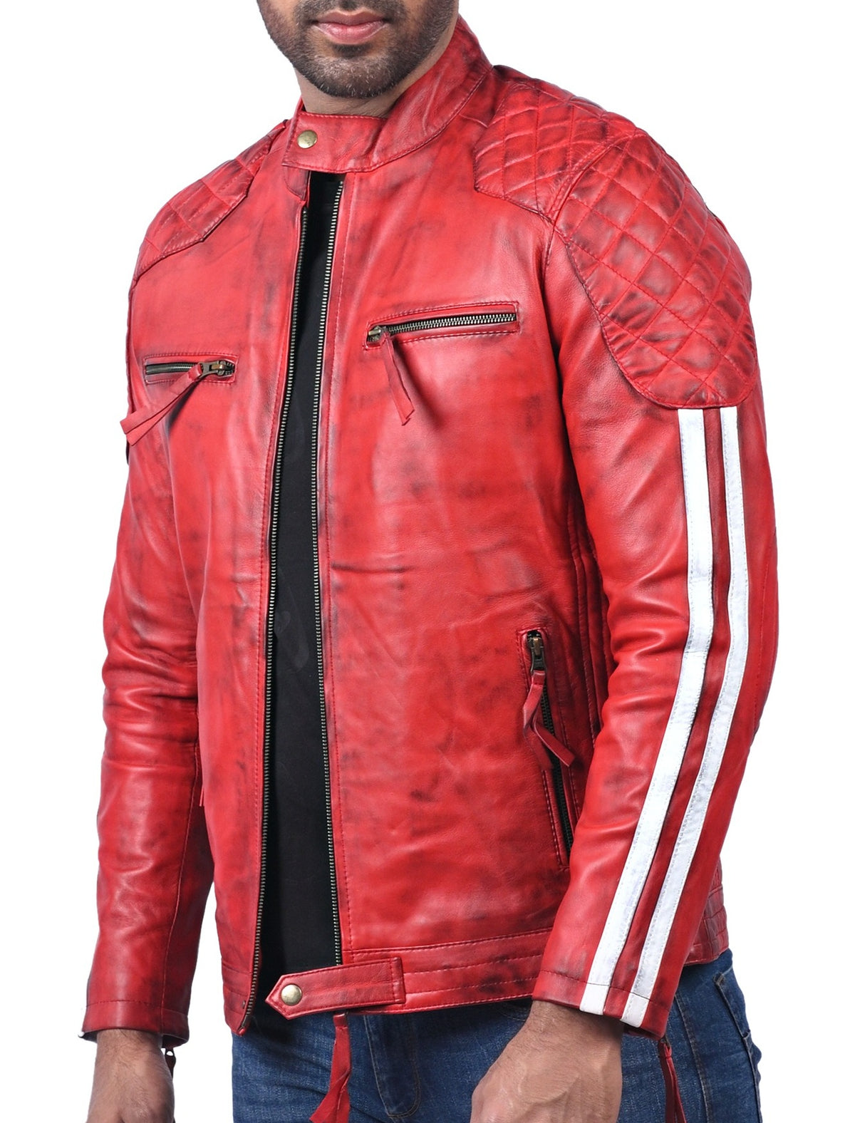 Plymouth red sheepskin biker jacket for men with white stripes