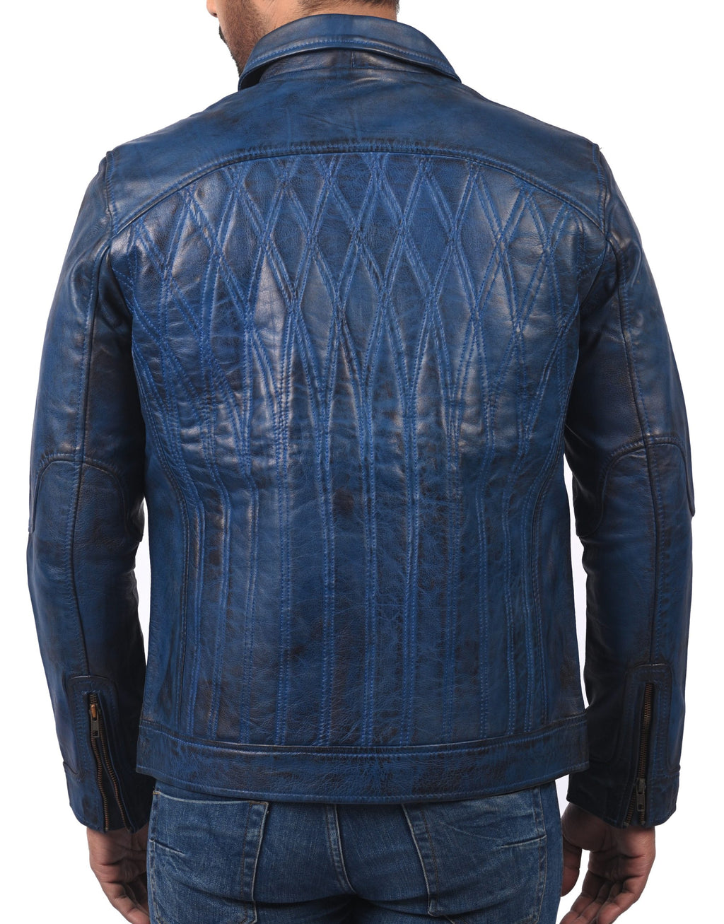 Men's blue waxed sheepskin vintage racer biker jacket