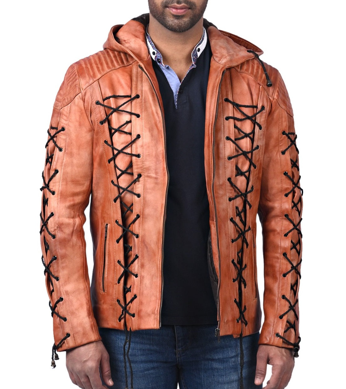 Roy Harper Arrow hooded tan waxed leather jacket for men