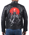 Men's black sheepskin leather jacket with 3D samurai back print