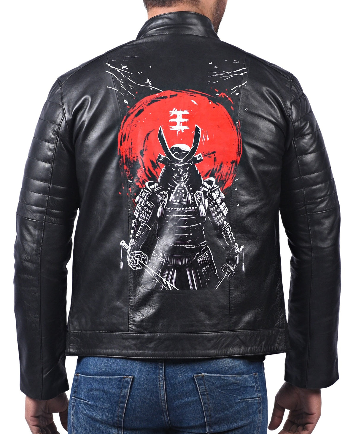 Men's black sheepskin leather jacket with 3D samurai back print