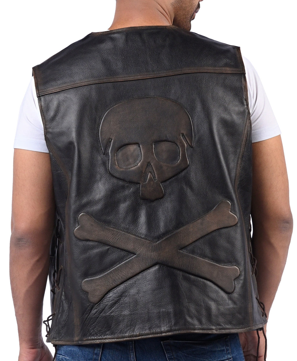 Men's black cowhide skull leather vest with embossed back