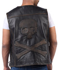 Men's black cowhide skull leather vest with embossed back