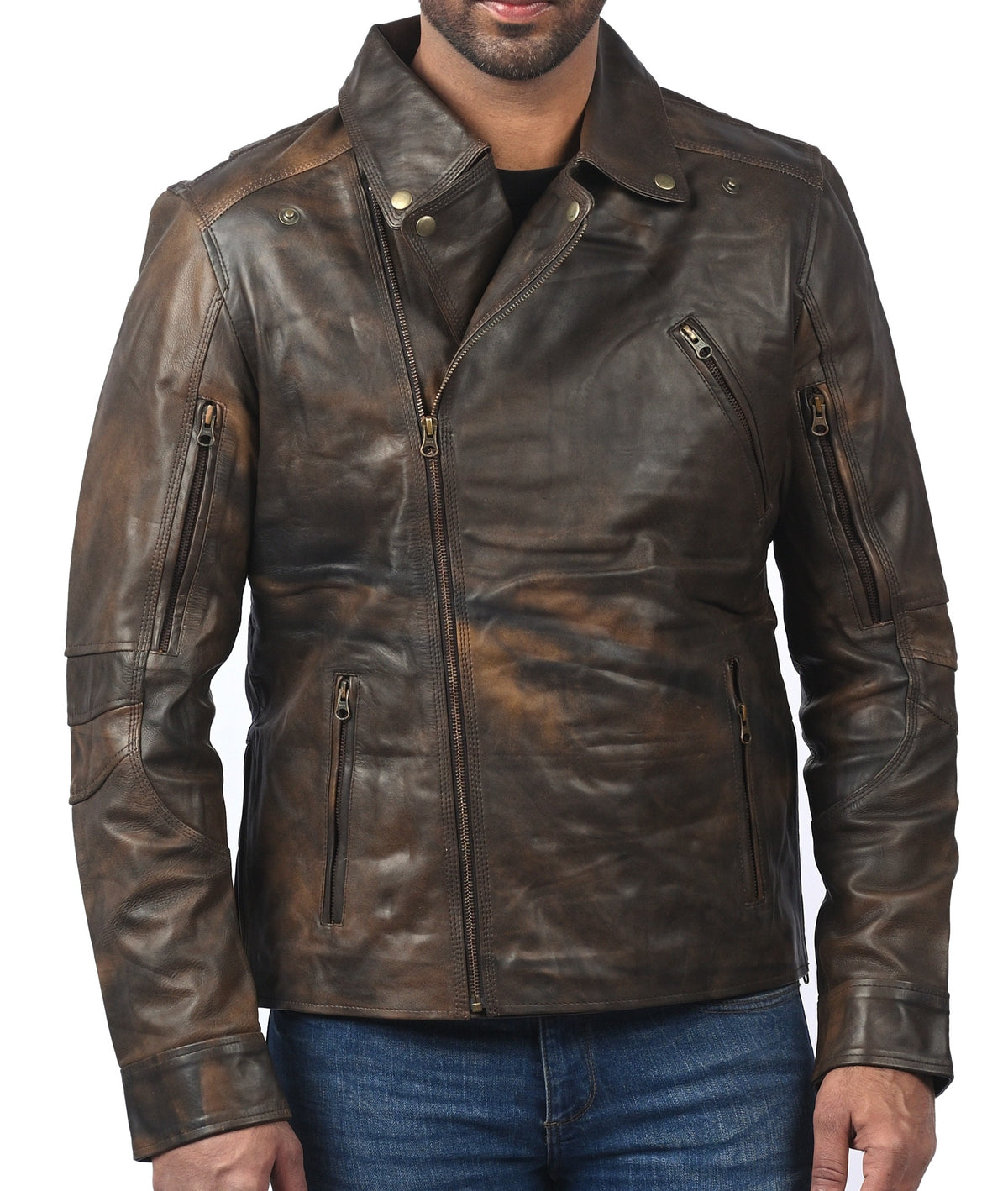 Triple stitch double breasted biker jacket for men in distressed brown cowhide