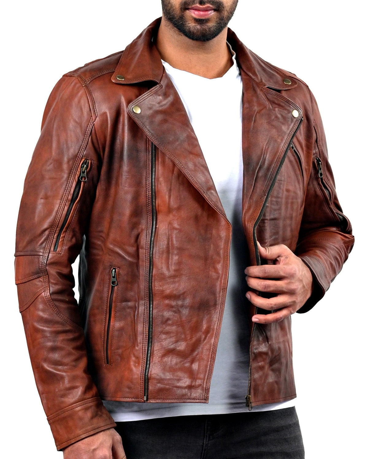 Triple stitch double breasted biker jacket for men in distressed camel cowhide
