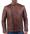 York tan waxed sheepskin biker jacket for men with wavy stitching